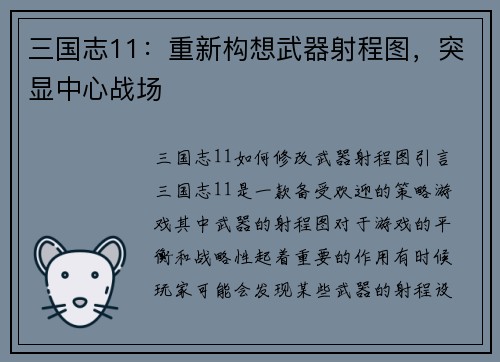 三国志11：重新构想武器射程图，突显中心战场